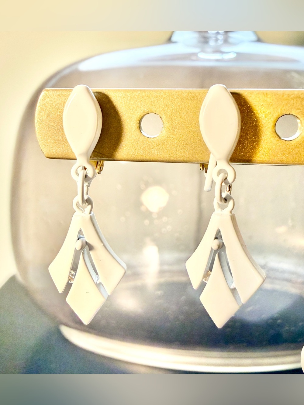 Vintage Signed Crown Trifari MCM White Enamel Geometric Dangle Clip On Earrings